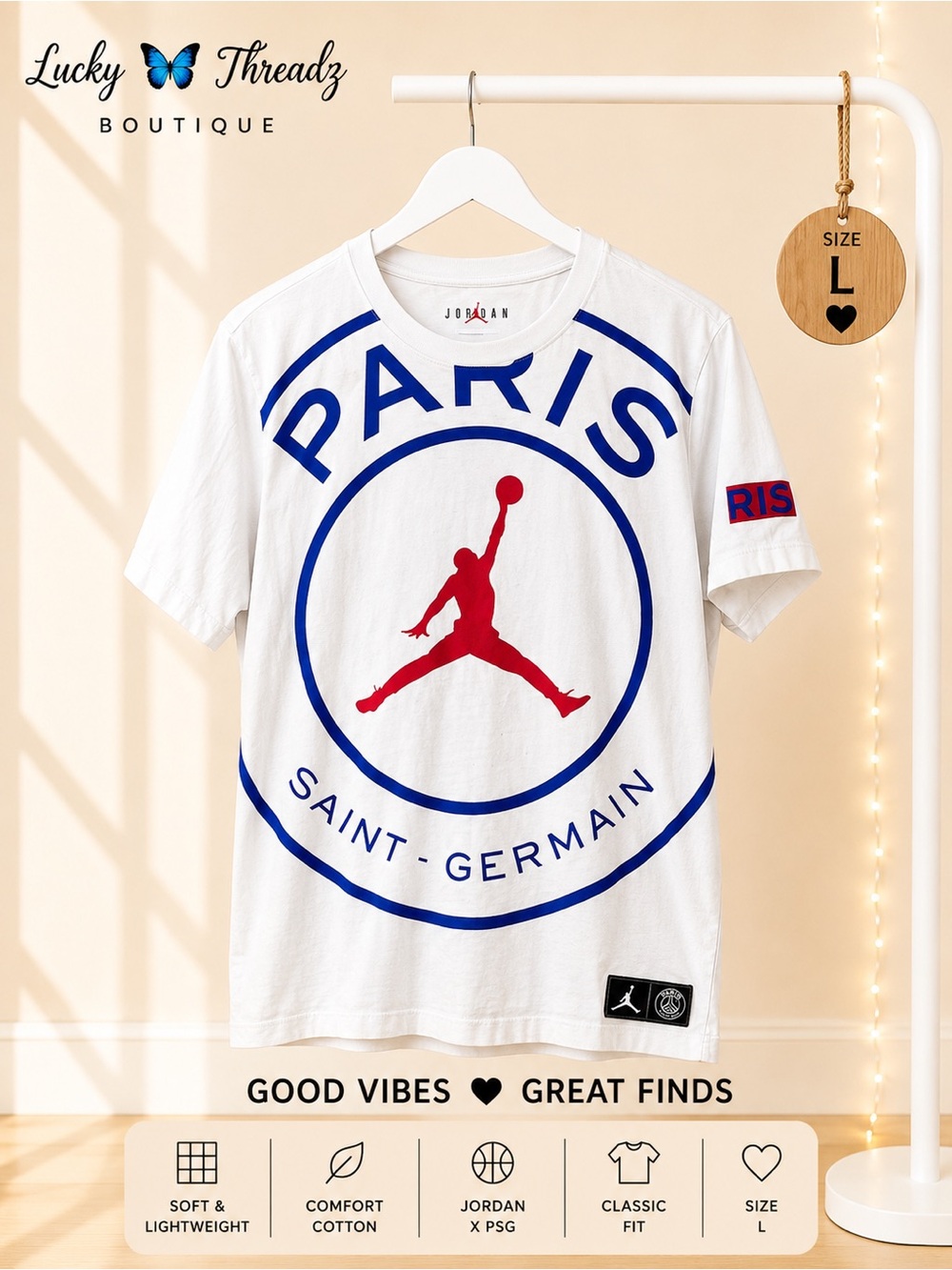 Jordan White Tee with Blue PARIS Graphic and Red Jumpman